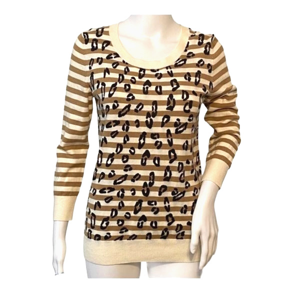 Banana Republic Sweater Womens Medium Tan Ivory Animal Print Stripe Fun Casual - Picture 1 of 6